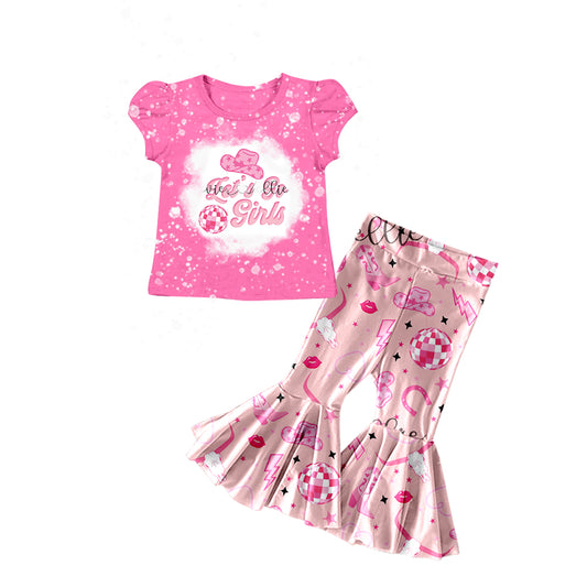 preorder GSPO1295 Western Lets Go Girls Hat Hot Pink Short Sleeve Pants Girls Set