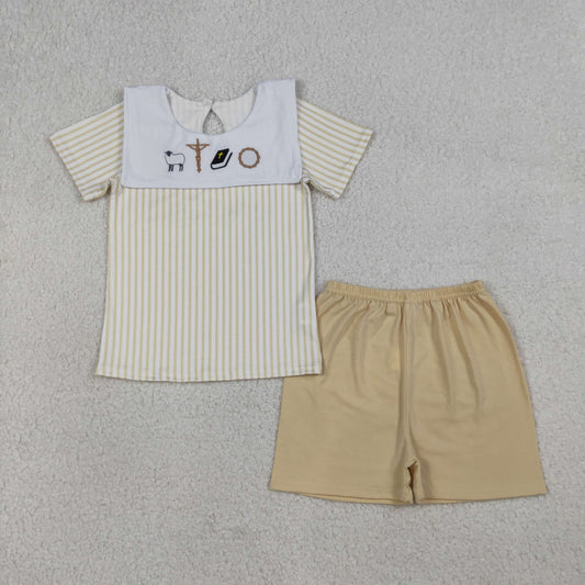 Embroidery BSSO1777 Easter Cross Sheep Short Sleeve Yellow Shorts Boys Set