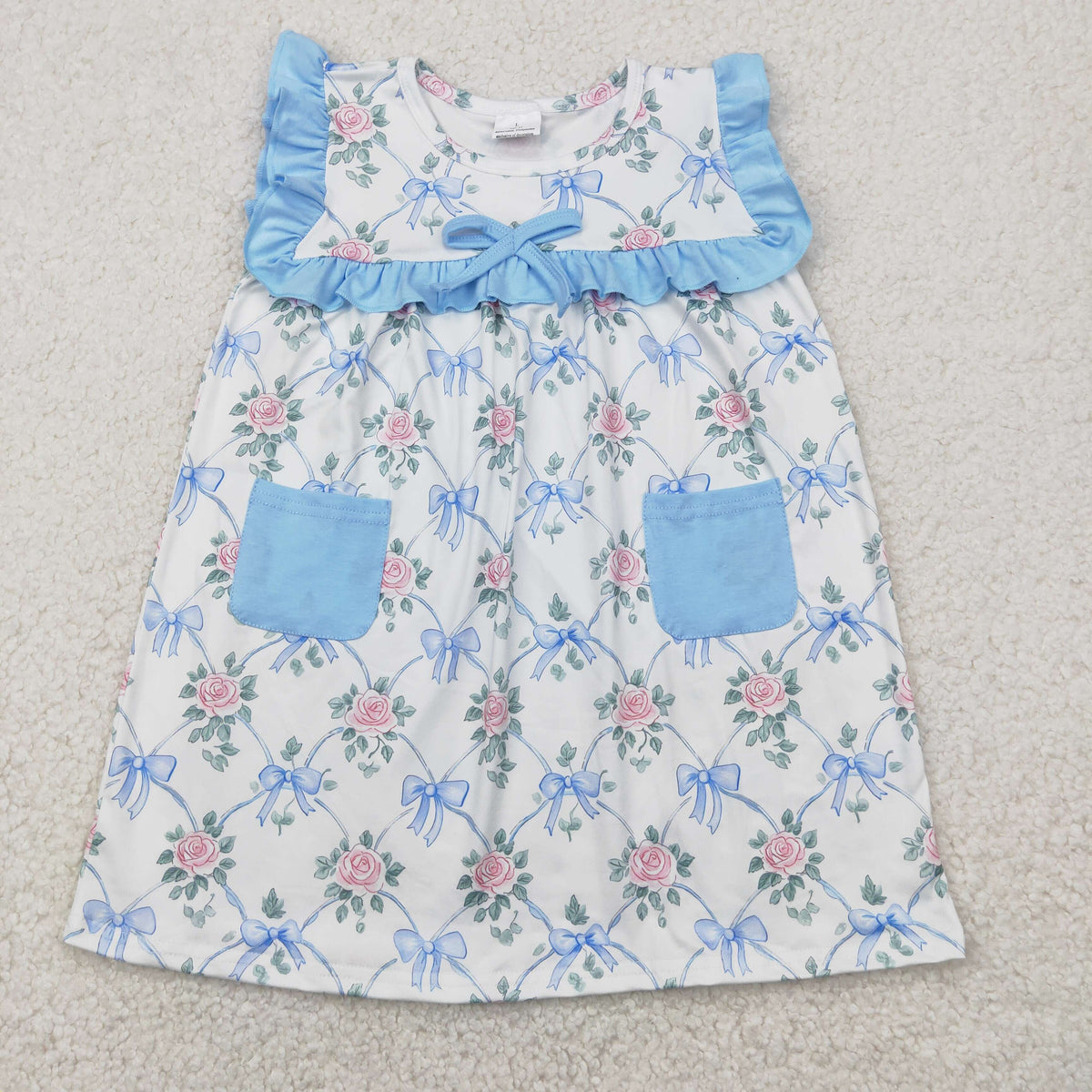 GSD2230 pink flowers blue bows pockets sleeveless girls dress