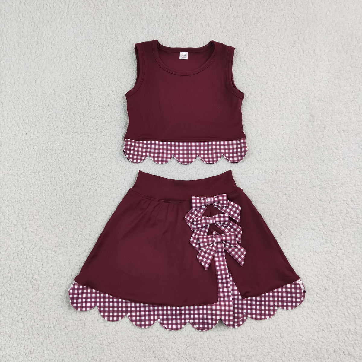 GSD4266 Yoga Scallop Maroon Sleeveless Bows Skorts Girls Set
