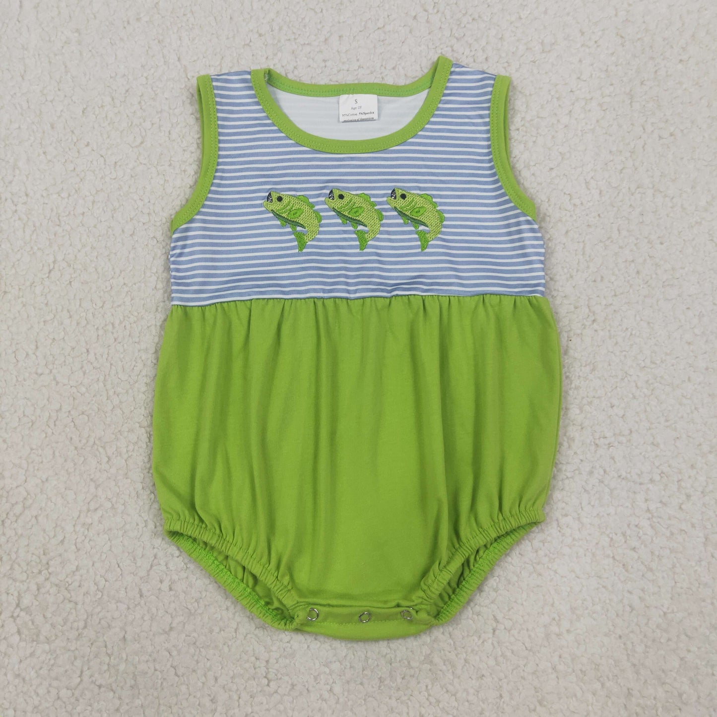 Embroidery SR4139 Fishing Green Sleeveless Boys Romper