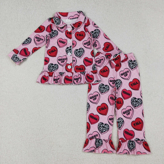 GLP2843 Valentine's Day heart howdy pink long sleeve pants girls pajamas