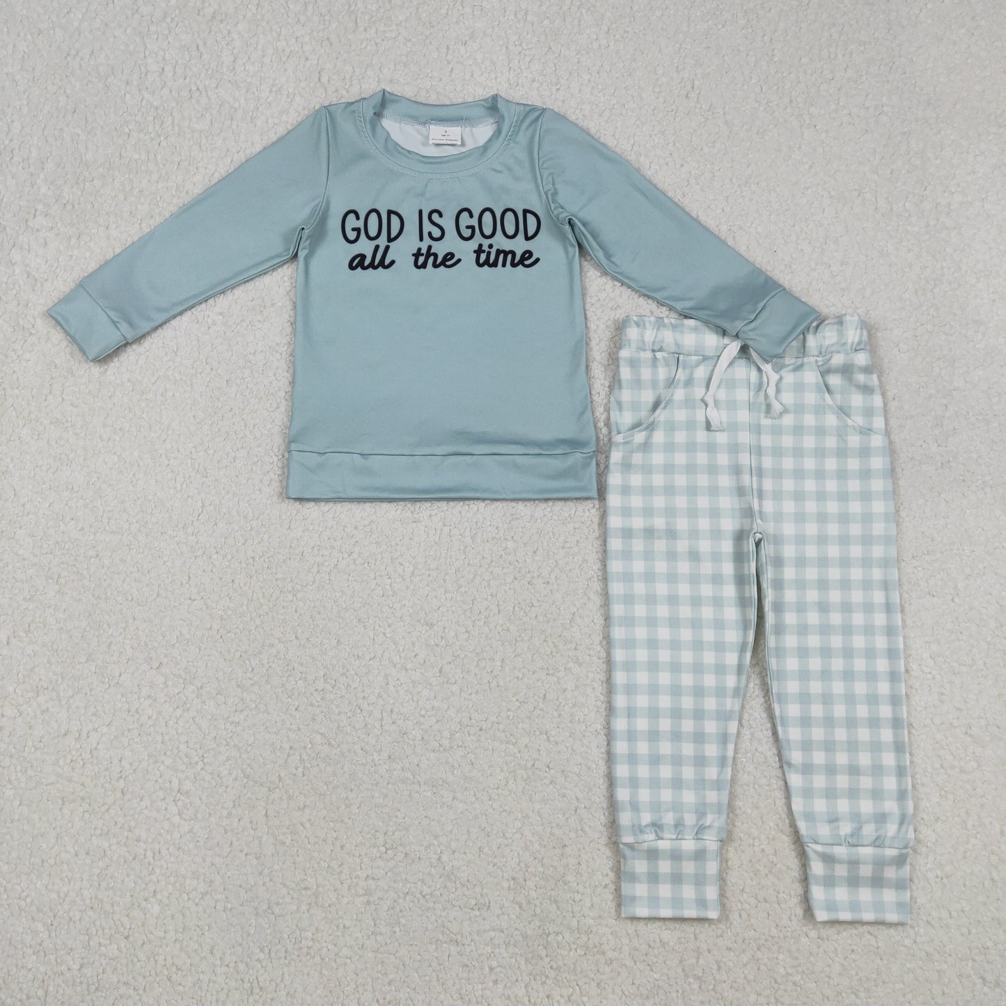 BLP1345 god is good all the time long sleeve checkered pants boys set