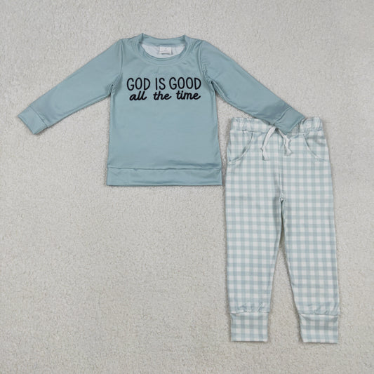 BLP1345 god is good all the time long sleeve checkered pants boys set