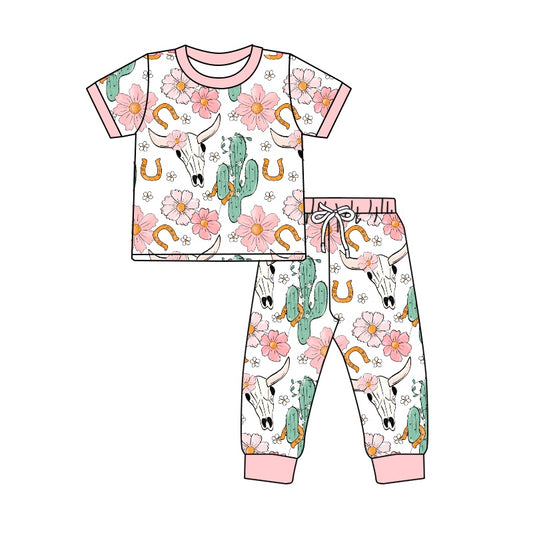 preorder GSPO1416 Western cow cactus flowers pink short sleeve pants girls pajamas