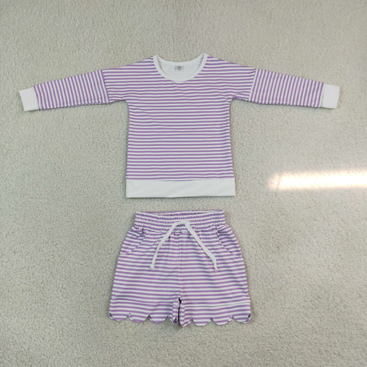 GLS0155 Yoga Purple Striped Long Sleeve Shorts Girls Set