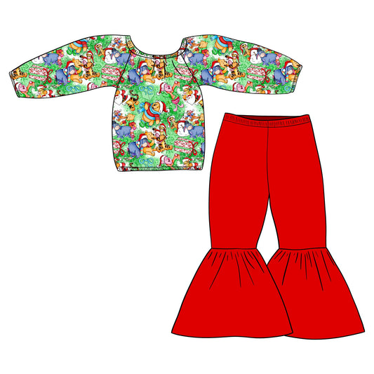 custom Christmas cartoon bear animals green long sleeve red pants girls set