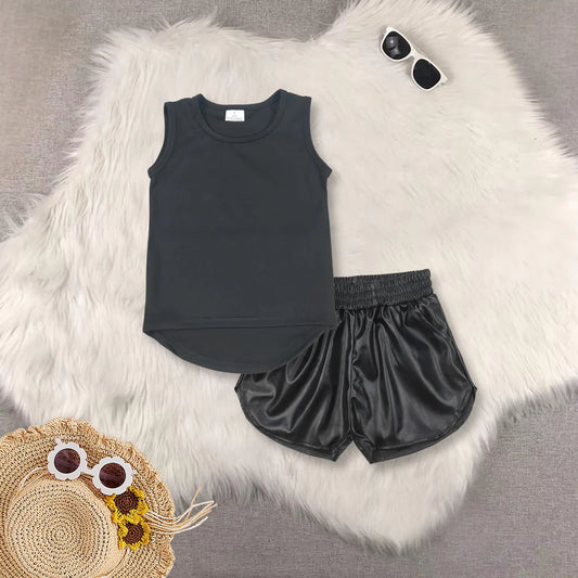 yoga black sleeveelss top black leather shorts girls set GT0987+SS0413
