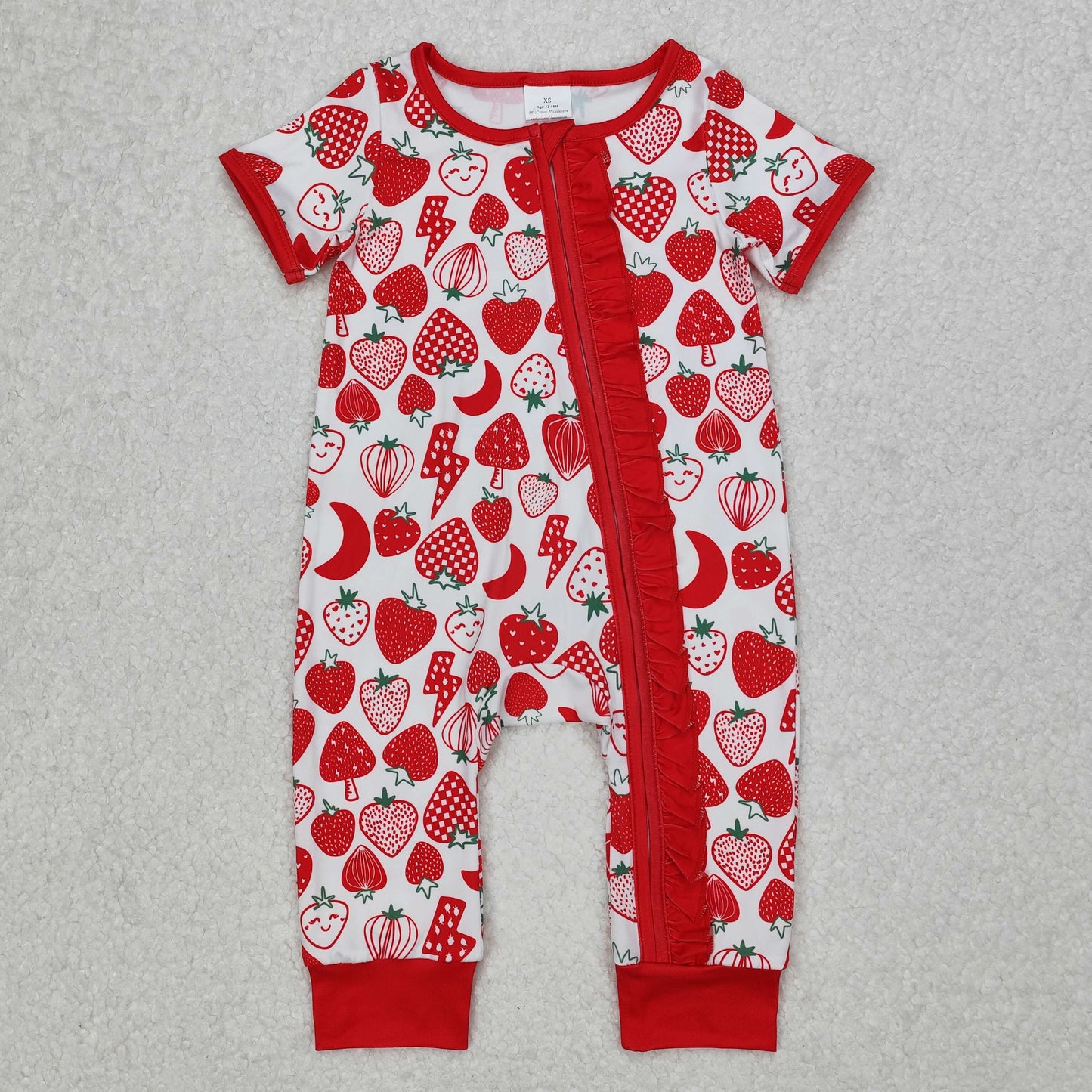 SR2500 cute red strawberry short sleeve zipper girls romper