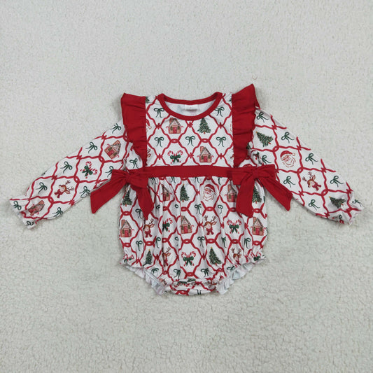 LR2357 Christmas Santa red green checkered long sleeve girls romper