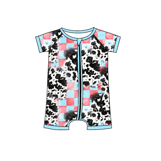 custom moq 3 Cow print pink checkered short sleeve kids zipper romper