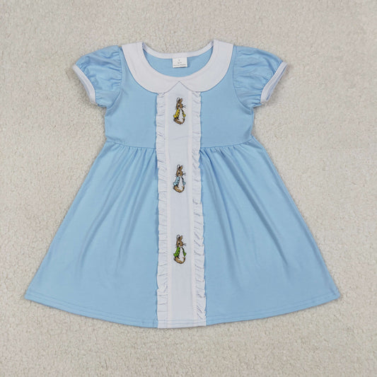 Embroidery GSD2961 Easter bunny rabbit blue short sleeve girls dress