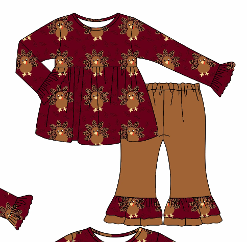 custom moq 3 Thanksgiving leopard turkey maroon long sleeve khaki pants girls set