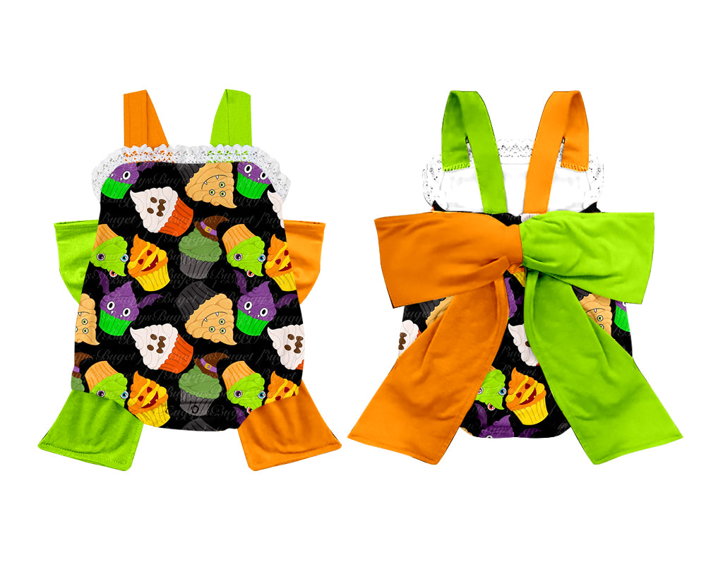 custom style Halloween green orange ice with bow romper