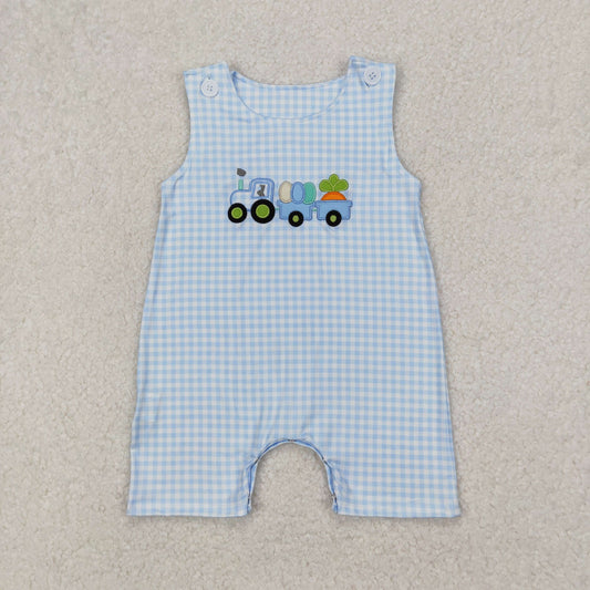 embroidery SR2402 Easter Egg Carrot Truck Blue Checkered Sleeveless Boys Romper