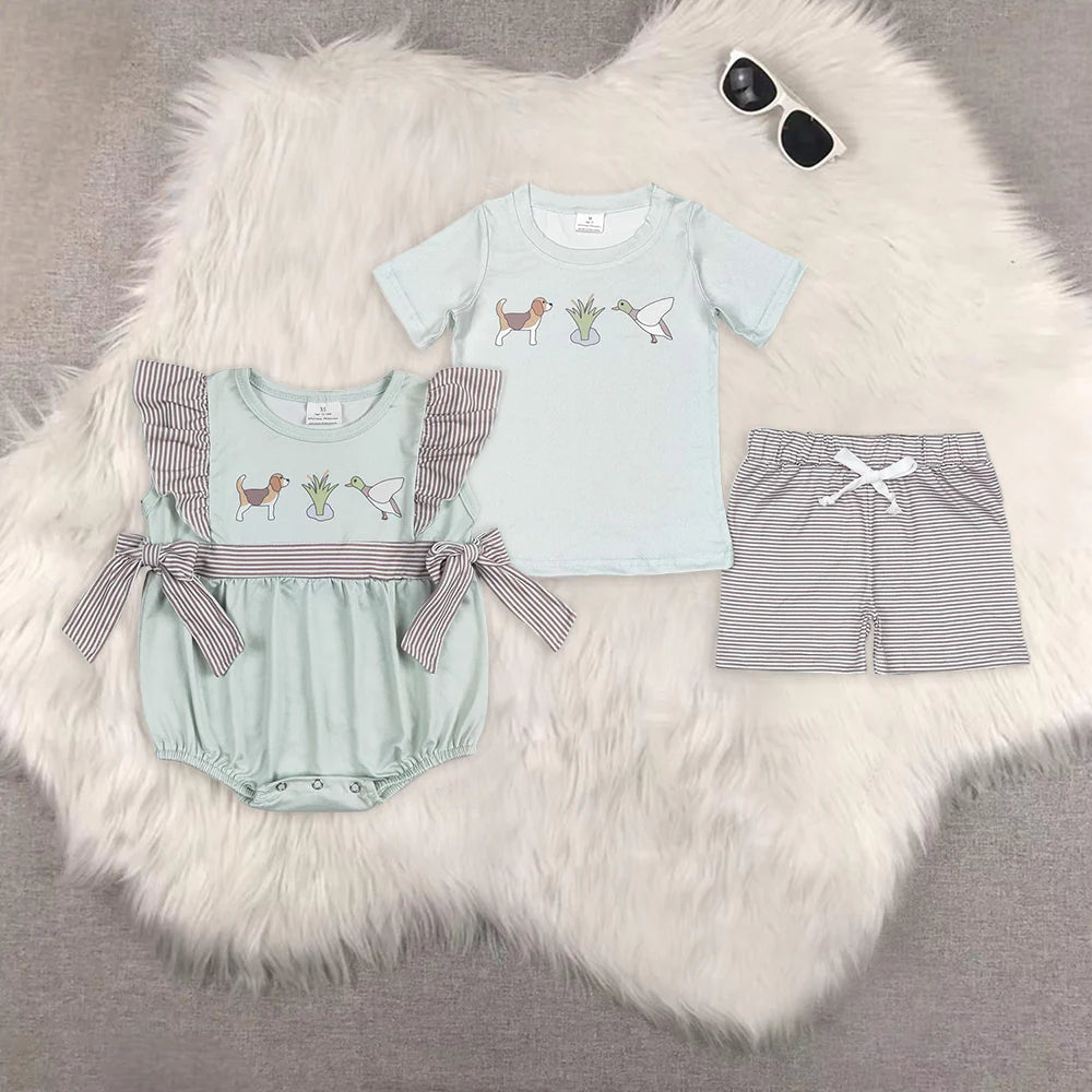 cartoon dog mallard duck boys set/romper RTS sibling clothes