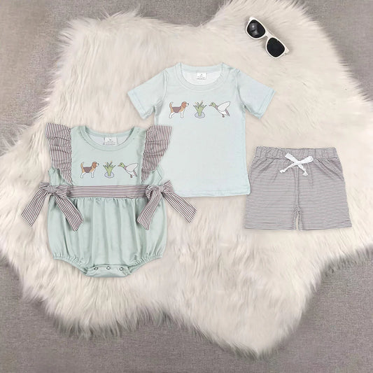 cartoon dog mallard duck boys set/romper RTS sibling clothes