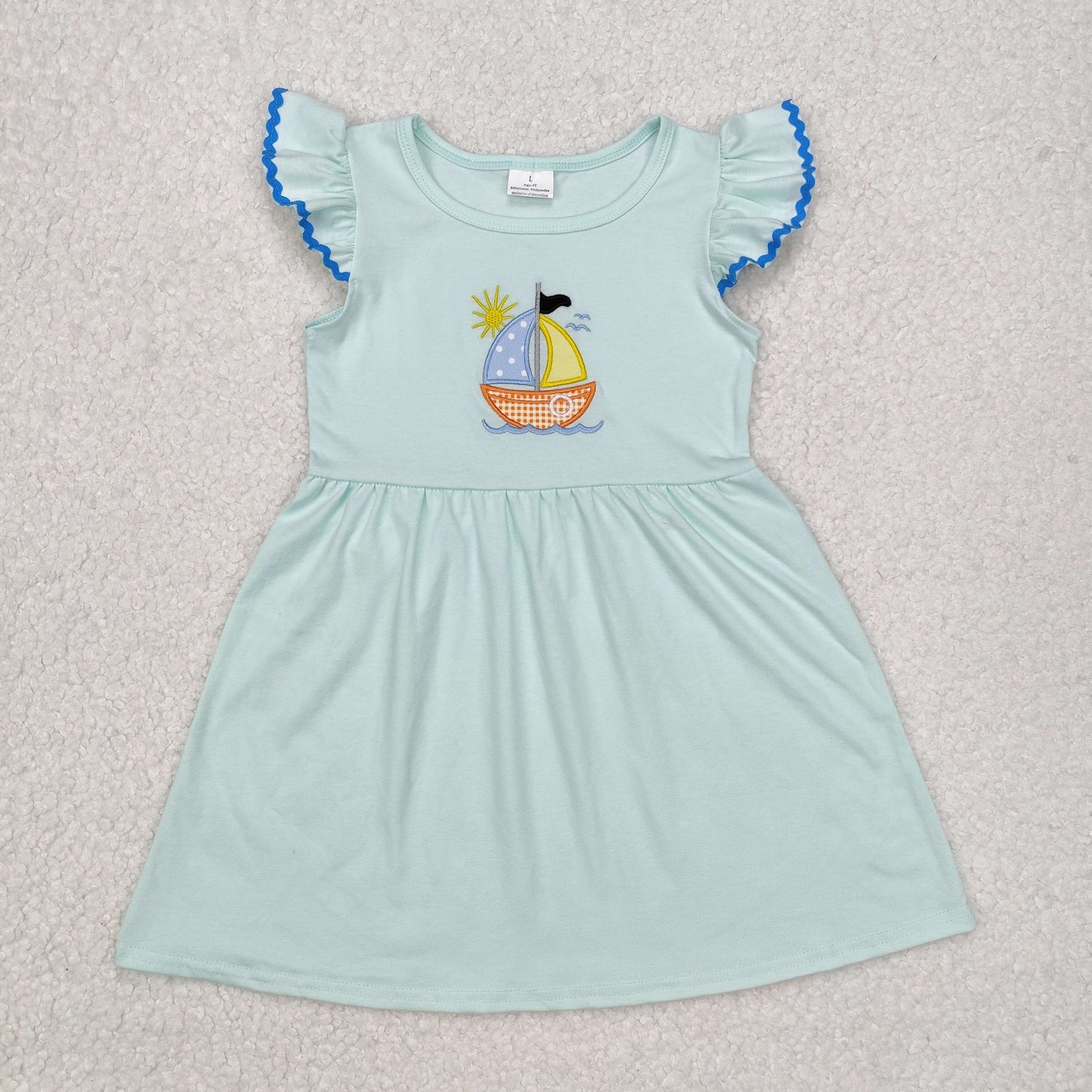 embroidery GSD1539 cartoon sailboat boat flutter sleeve girls dress