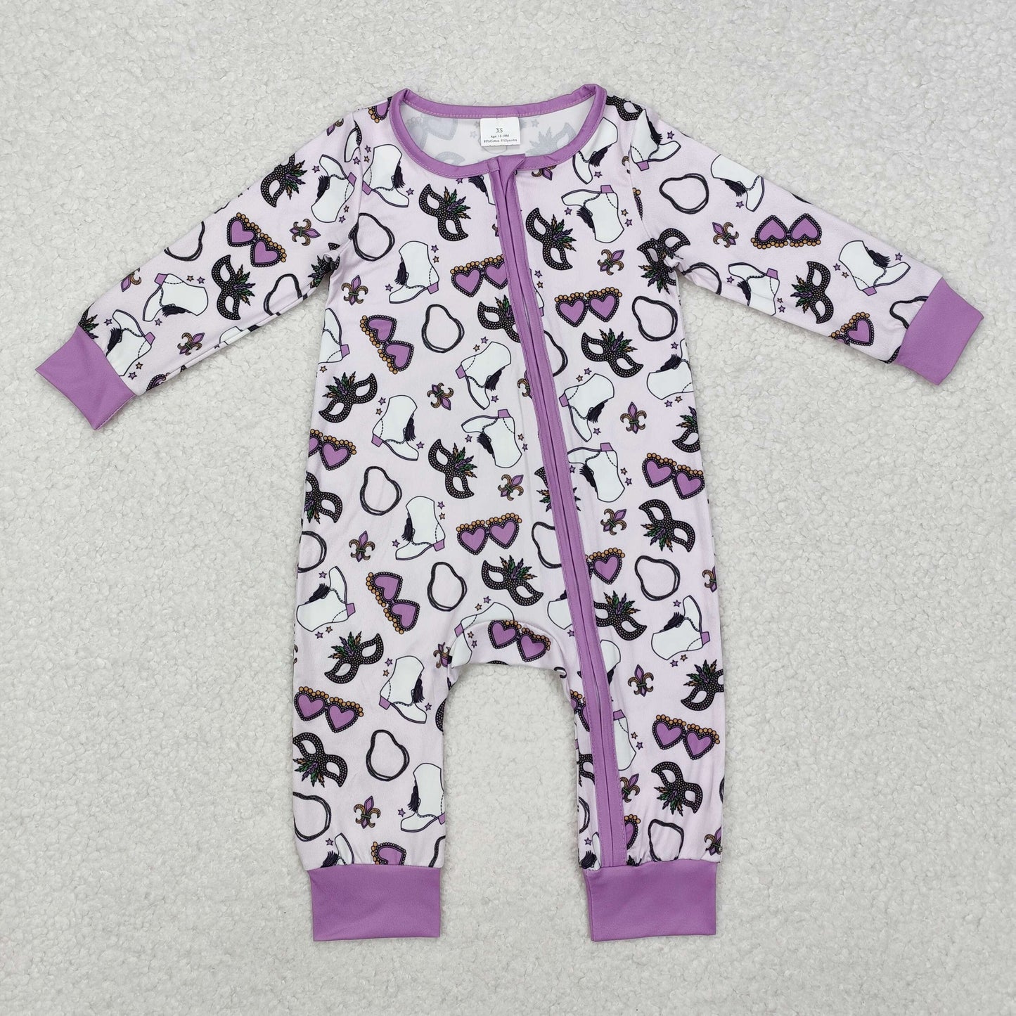 LR2038 Mardi Gras glasses purple zipper long sleeve girls romper