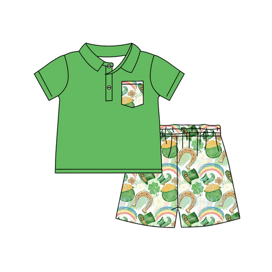 preorder BSSO1165 St.Patrick Green Pocket Short Sleeve Clover Hat Shorts Boys Set