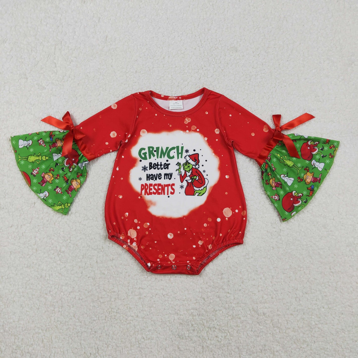 LR1893 Christmas green face red long sleeve girls romper