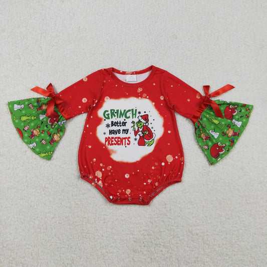 LR1893 Christmas green face red long sleeve girls romper