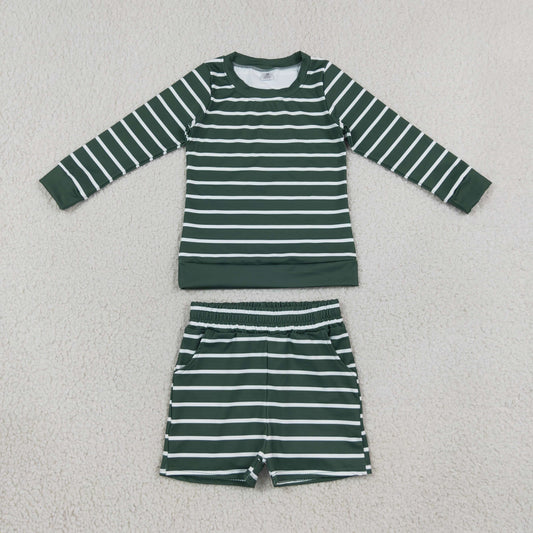 GLS0128 Yoga Green Striped Long Sleeve Shorts Girls Set