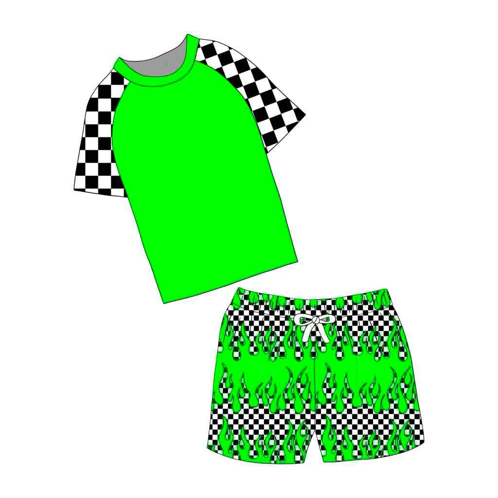 custom green short sleeve black checkered shorts boys swimming trunk
