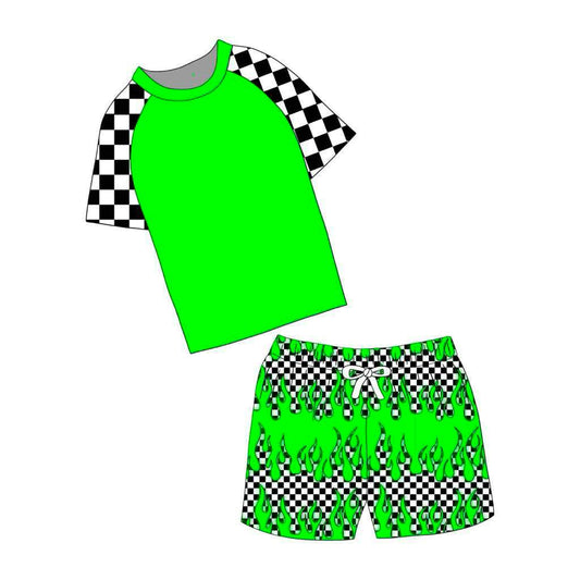 custom green short sleeve black checkered shorts boys swimming trunk