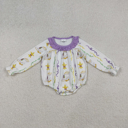 LR2042 Mardi Gras purple yellow print long sleeve girls romper