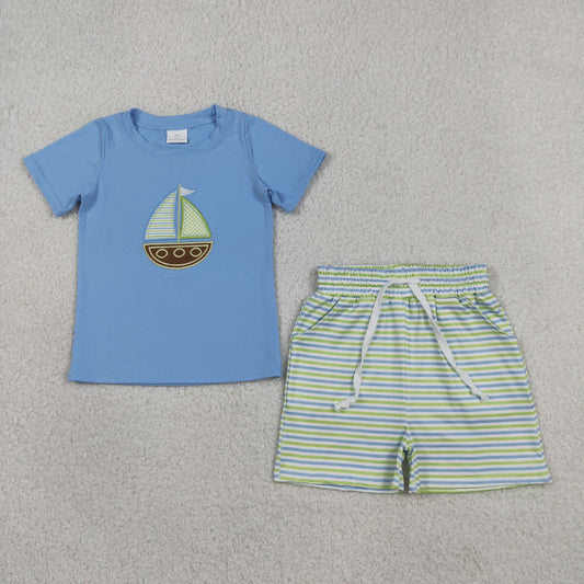 Embroidery BSSO1860 Sailboat Blue Short Sleeve Striped Shorts Boys Set