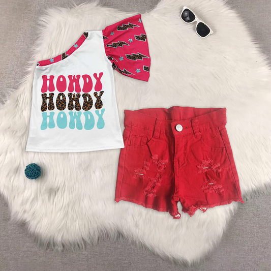 Western howdy sigle sleeve red denim shorts jeans girls set