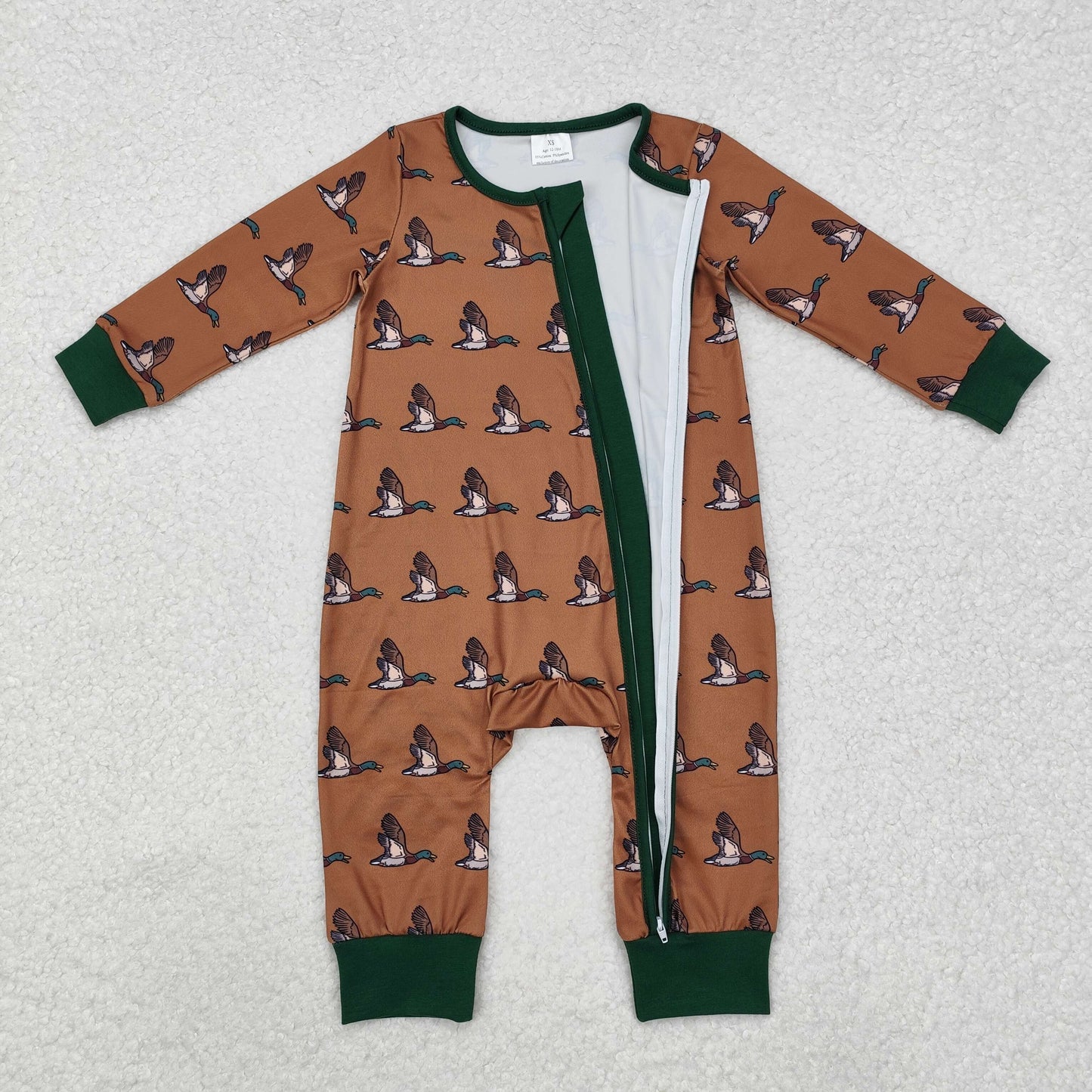 Custom moq 20 bamboo cute mallard duck brown long sleeve zipper boys romper