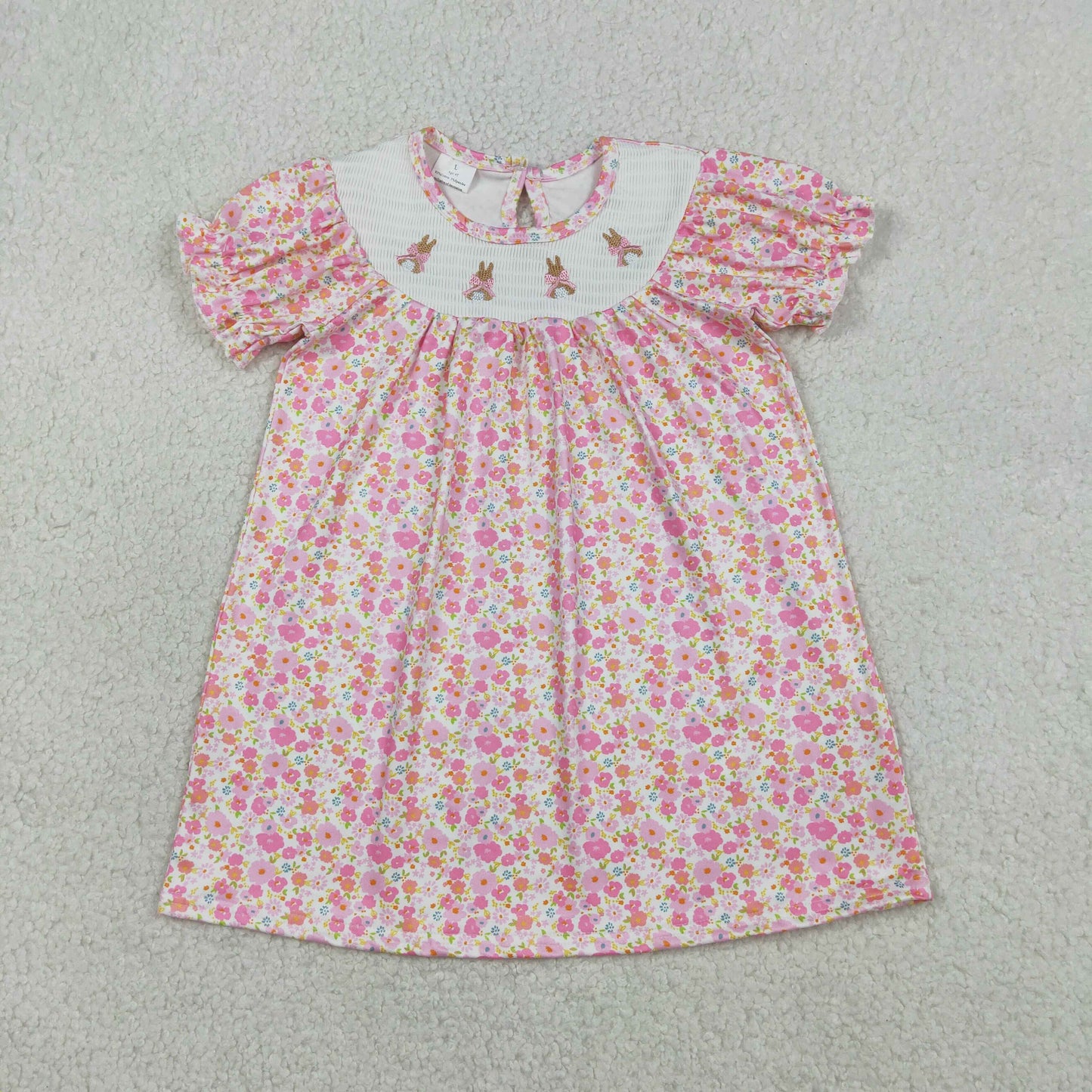 Embroidery GSD3406 Easter Bunny Rabbit Pink Flowers Short Sleeve Girls Dress
