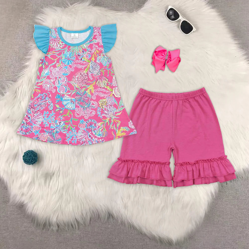 sea flowers shell flutter sleeve hot pink shorts girls set GT0564+SS0281