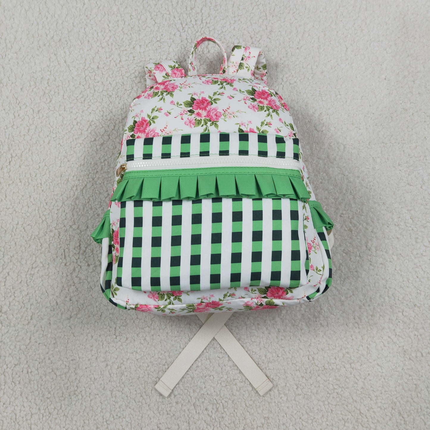 BA0218 pink flowers green checkered kids bag