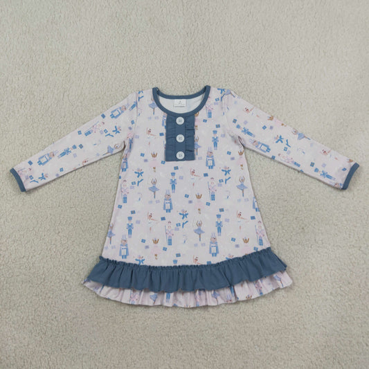 GLD0874 Christmas soldier dance girl blue long sleeve girls dress