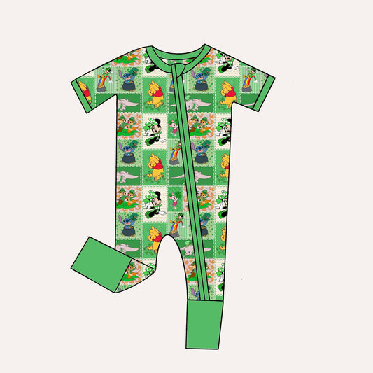 Custom Cartoon Bear Animals Green Short Sleeve Zipper Boys Romper