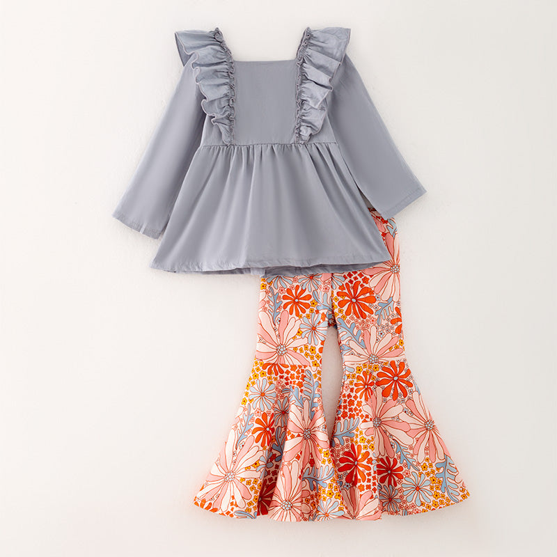 custom style grey long sleeve orange flowers pants girls set