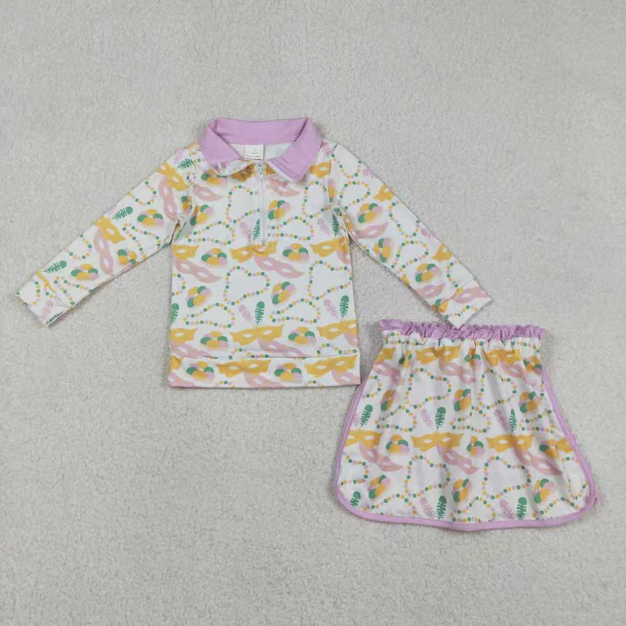 Mardi Gras Zipper Long Sleeve Skorts Girls Set Sibling Clothes
