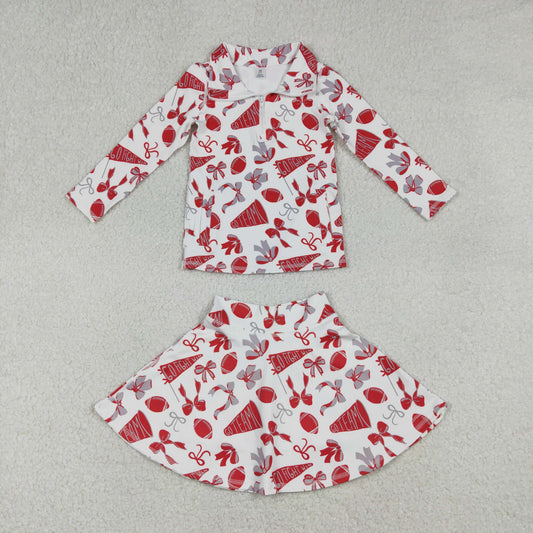 GLD1286 yoga football red bows zipper long sleeve skort skirt girls set