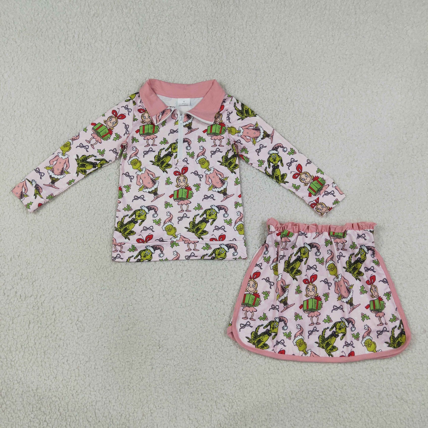 GLD1610 Christmas Green Face Pink Zipper Long Sleeve Skorts Girls Set