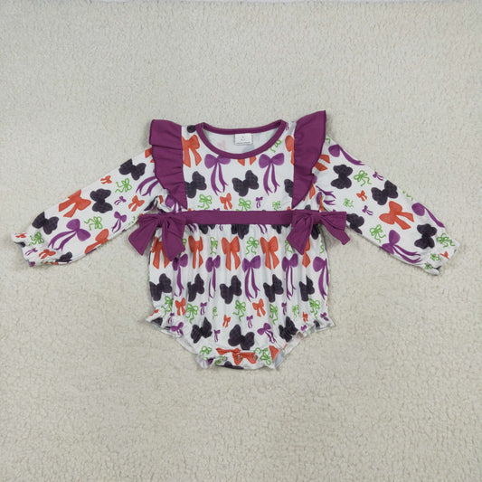 LR2285 Halloween black orange purple bows long sleeve girls romper