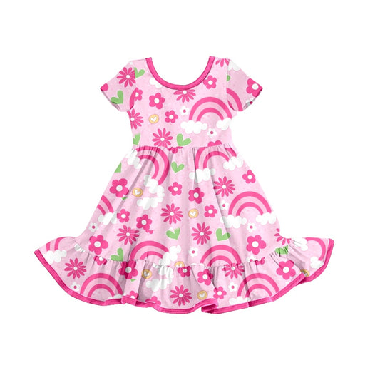 Preorder GSD0790 Rainbow Flowers Hot Pink Short Sleeve Girls Dress