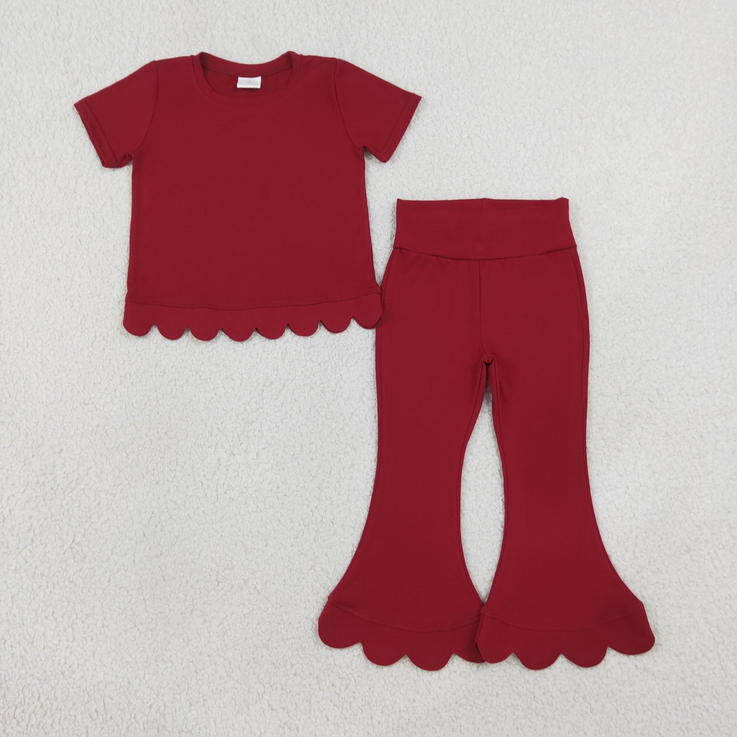 GSPO2341 Scallop Maroon Short Sleeve Pants Girls Set