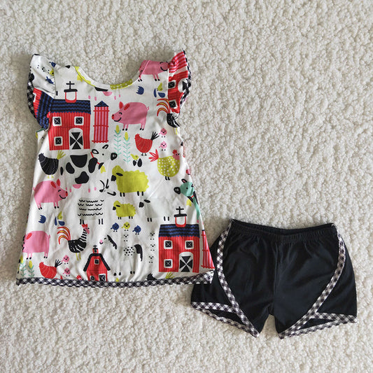 Summer Farm Print Black Short Girls Bow Outfits