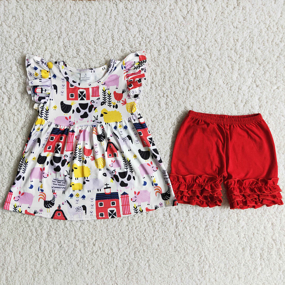 A12-16 Farm Summer Red Shorts Kids Set