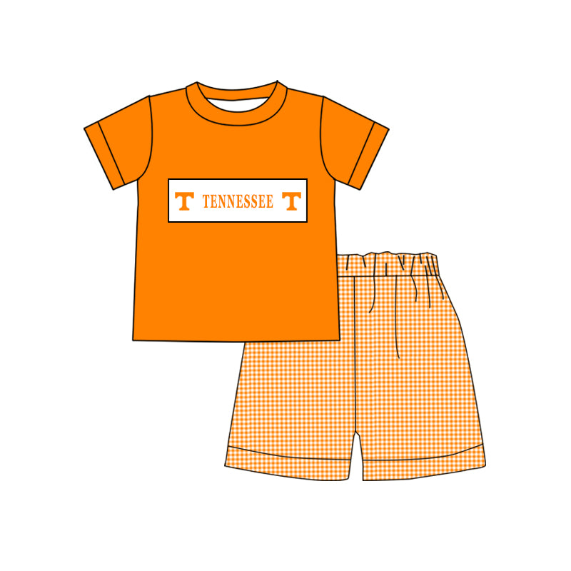 custom style football team orange short sleeve orange checkered shorts boys set