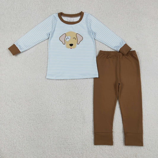 Embroidery BLP1283 Valentine's Day heart dog blue striped long sleeve brown pants boys set