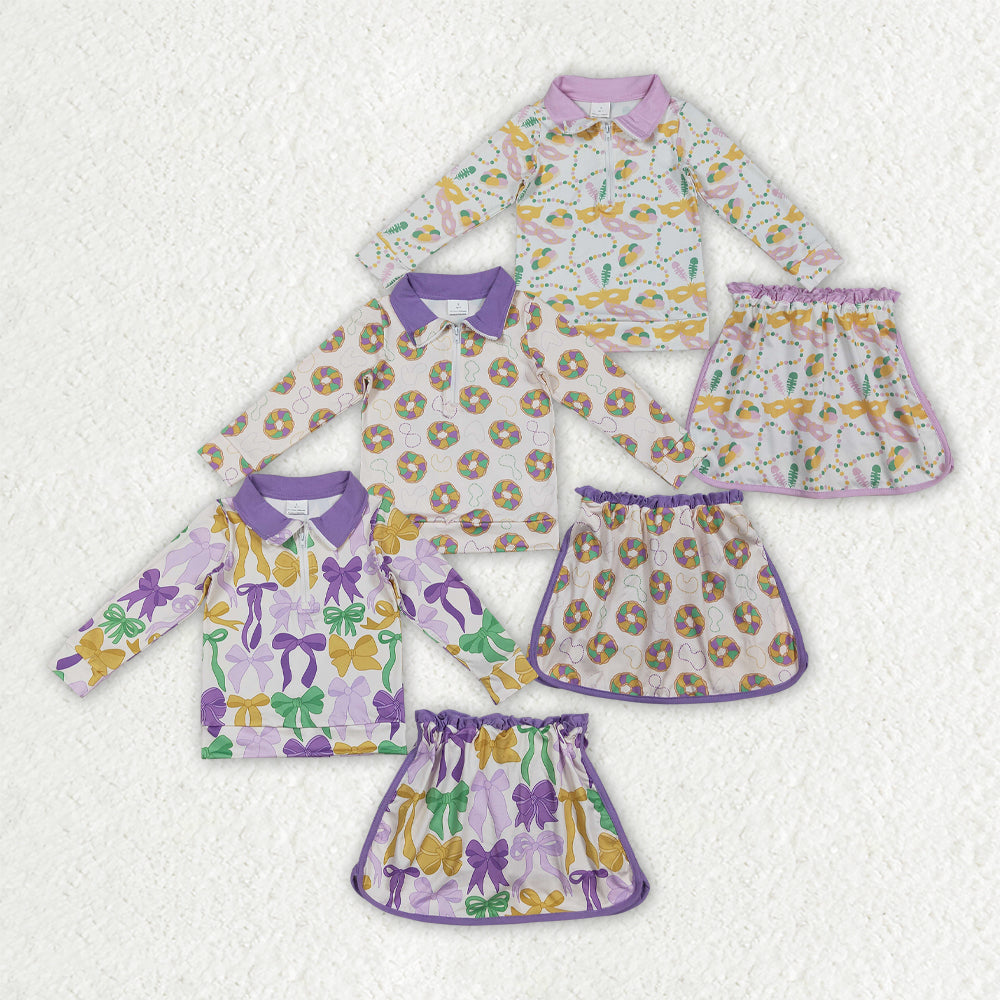 Mardi Gras Zipper Long Sleeve Skorts Girls Set Sibling Clothes